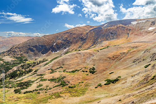 Alpine landscape at the top of Rocky Mountain National Park Colorado in summer with blue sky and clouds.