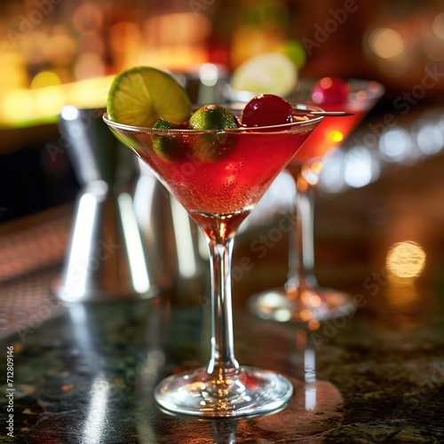 Cocktail with cherry and lime on a bar counter in a nightclub