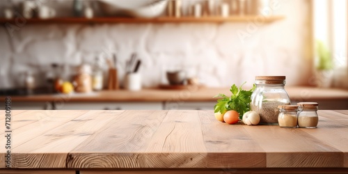 Focused wooden table with blurred kitchen ingredients in background.