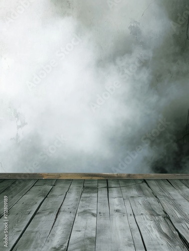 Abstract Concept of Empty Wooden Floor with a Mystical Foggy Background