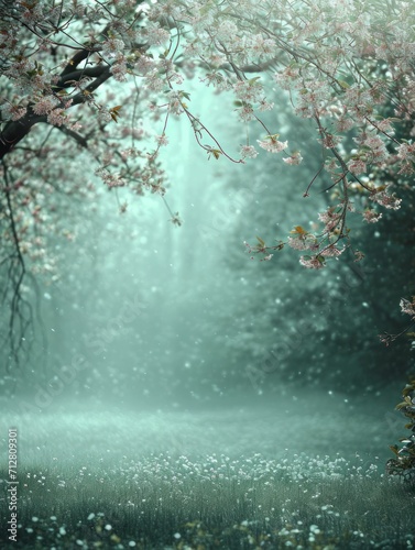 Serene Cherry Blossom Canopy over a Misty Flower-Covered Meadow