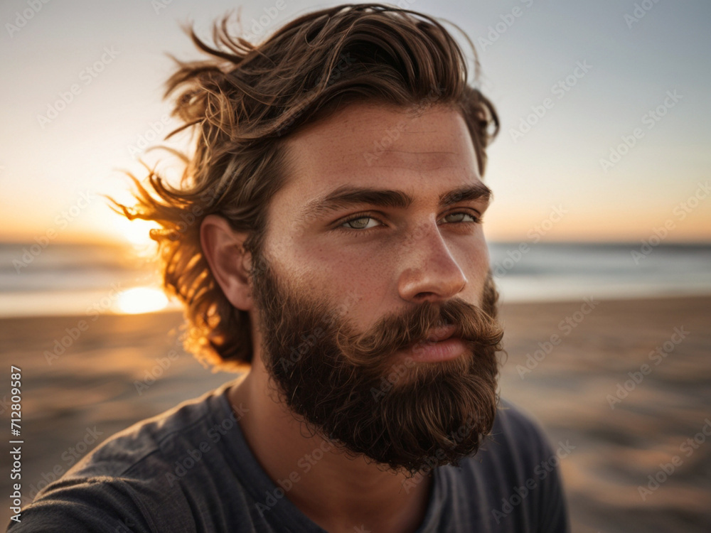 A 24-year-old Australian man, with a rugged beard, hazel-eyed, in casual beachwear, basking in the warm glow of a setting sun on a sandy beach. Shot with a 50mm lens. A 24-year-old Australian man, with a rugged beard, hazel-eyed, in casual beachwear, basking in the warm glow of a setting sun on a sandy beach. Shot with a 50mm lens.