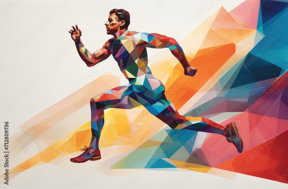 a colored abstract image of a man running, in the style of geometric, iconic imagery