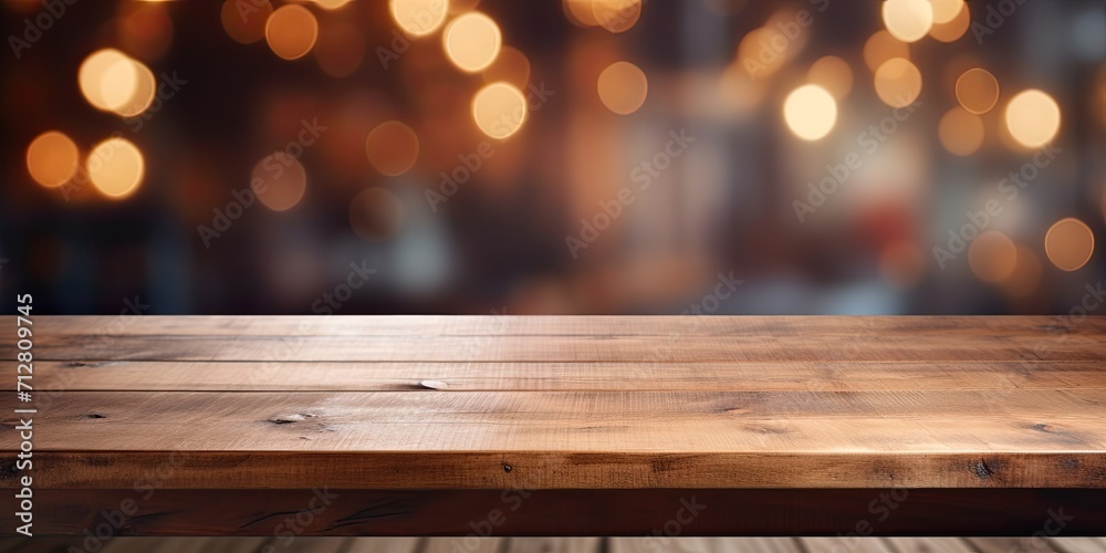 Blurred background with empty table and wooden board.
