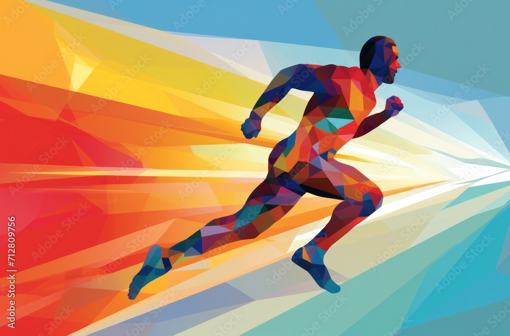 a colored abstract image of a man running, in the style of geometric, iconic imagery