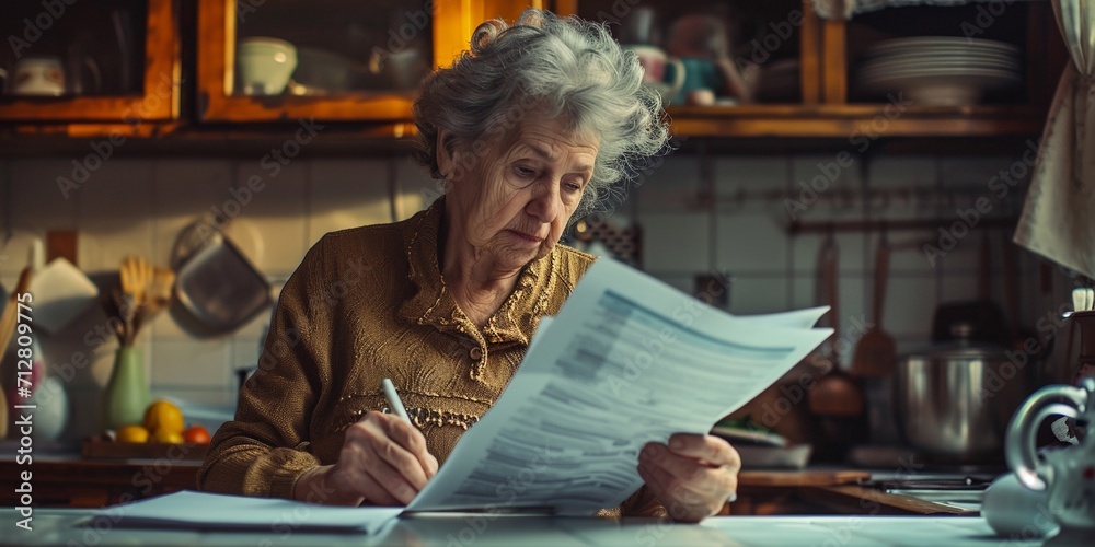 Senior mature woman holding paper bill trying to read it and figure out the problem,old lady managing account finance on vintage kitchen background. - obrazy, fototapety, plakaty 