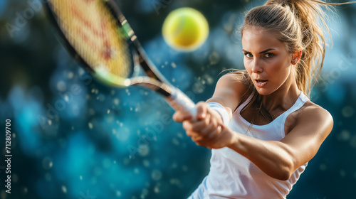 Tennis woman player hitting a forehand shot. Ball in the air, racket reaching out, powerful sport moment with copy space.