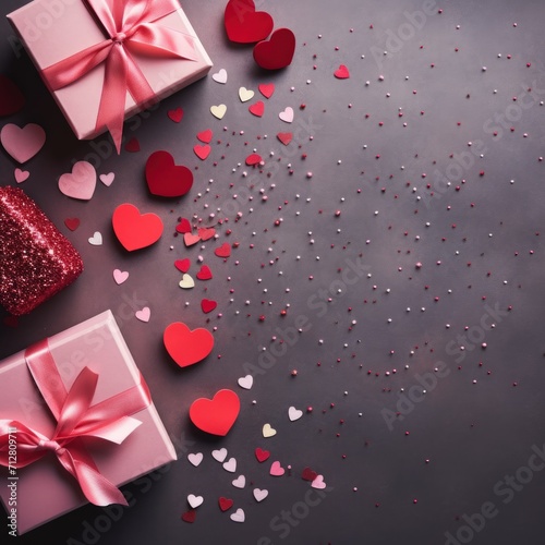 Top view of red ribbon  gift box and hearts on dark background  st valentines day concept. Generative AI.