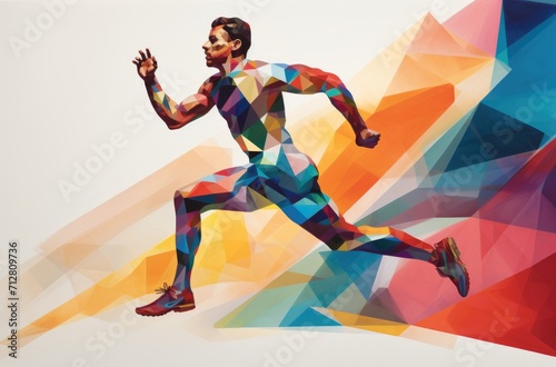 a colored abstract image of a man running, in the style of geometric, iconic imagery