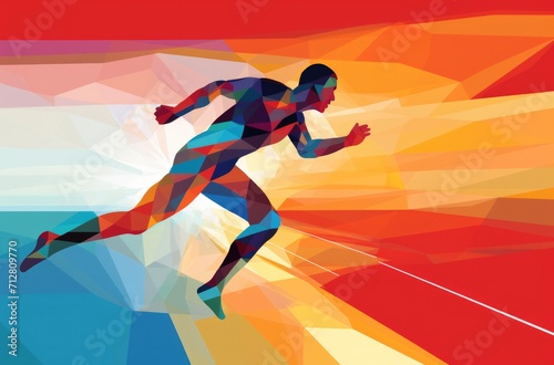 a colored abstract image of a man running, in the style of geometric, iconic imagery