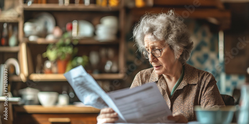 Senior mature woman holding paper bill trying to read it and figure out the problem,old lady managing account finance on vintage kitchen background. photo
