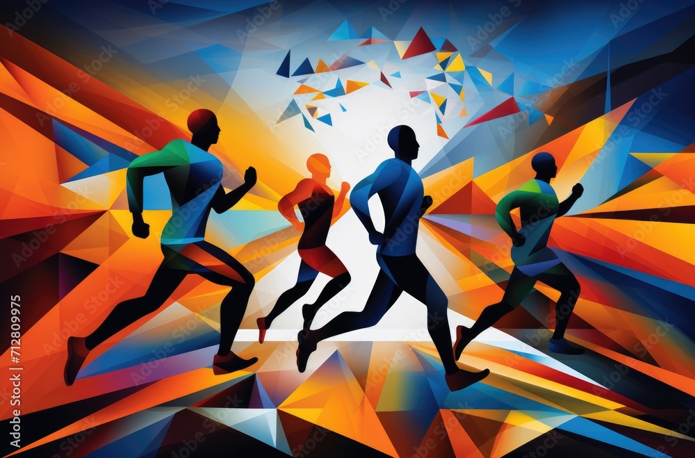 the color running men's graphic in abstract form, in the style of figure-focused the color running men's graphic in abstract form, in the style of figure-focused