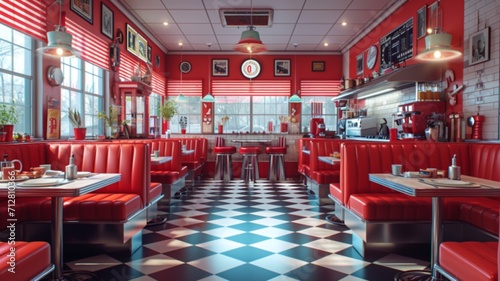  A retro diner-style kitchen with vibrant red booths, checkerboard flooring, and chrome accents, creating a playful and energetic cooking space
