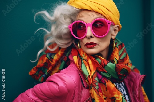Fashionable senior woman in pink sunglasses and colorful scarf. Beauty  fashion.