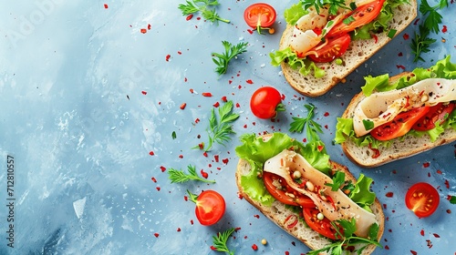 Tasty sandwiches with canned smoked sprats on blue background