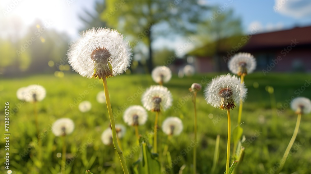 Dandelion Meadow. White dandelions illuminated by the evening sun, blurred background, Sunset or sunrise.