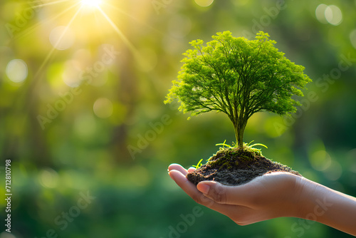 hand holdig big tree growing on green background with sunshine, planting trees