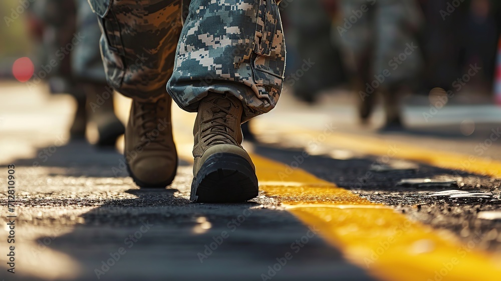 Detail of a soldier foot walking on the road with yellow line - obrazy, fototapety, plakaty 