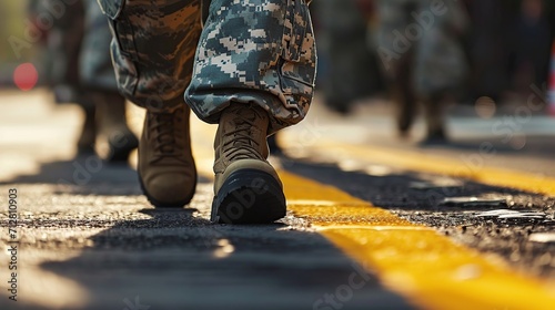 Detail of a soldier foot walking on the road with yellow line