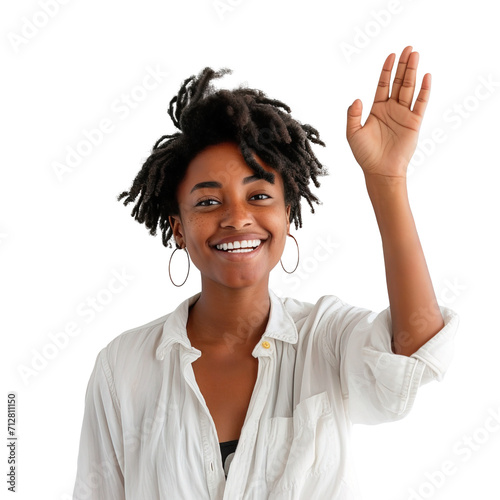 Cheerful young African American woman waving with hand at camera and smiling. Posing over transparent background