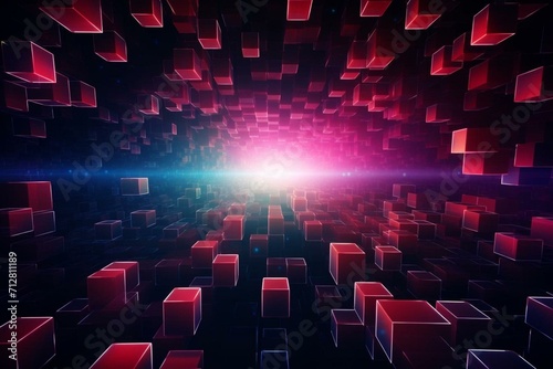 Abstract space background with glowing cuboids in red, blue, and pink, set on a dark backdrop. Generative AI