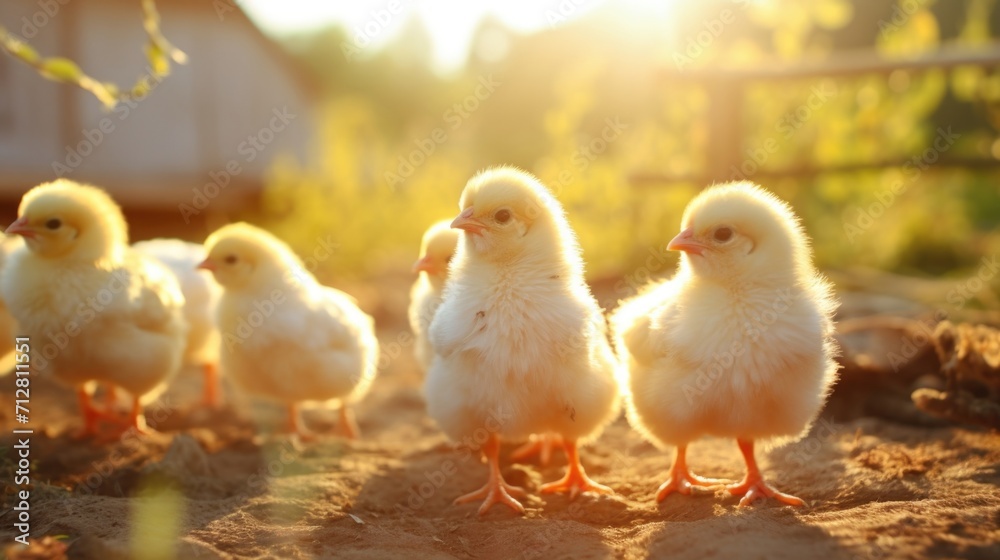 A group of small, fluffy chickens roam freely in a rustic barnyard, enjoying the sunshine as they peck at the ground for tasty morsels.