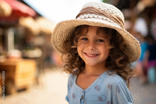 Portrait of a cute little girl with curly hair wearing straw hat © Iigo