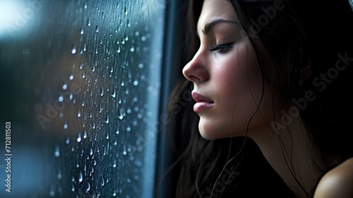 Like tears rolling down a cheek, the tears of rain flow gracefully down the window, leaving behind a trail of longing. photo