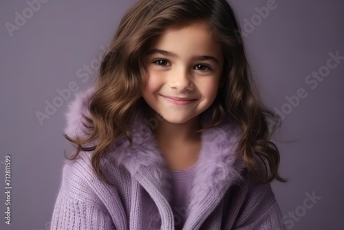Portrait of a beautiful little girl with long curly hair in a purple sweater
