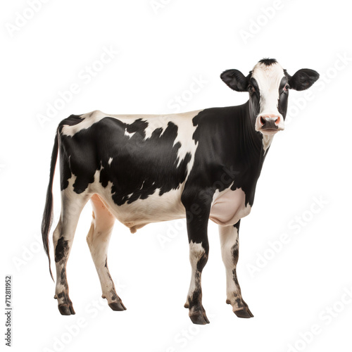 Portrait of a black and white cow standing, isolated on transparent background