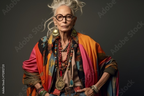 Stylish senior hippie woman in fashionable clothes and eyeglasses.