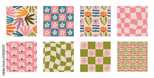 Set of Aesthetic Contemporary printable retro groovy flowers seamless pattern. Decorative Hippie Naive 60's, 70's style Vintage boho background in minimalist style for fabric, wallpaper or wrapping