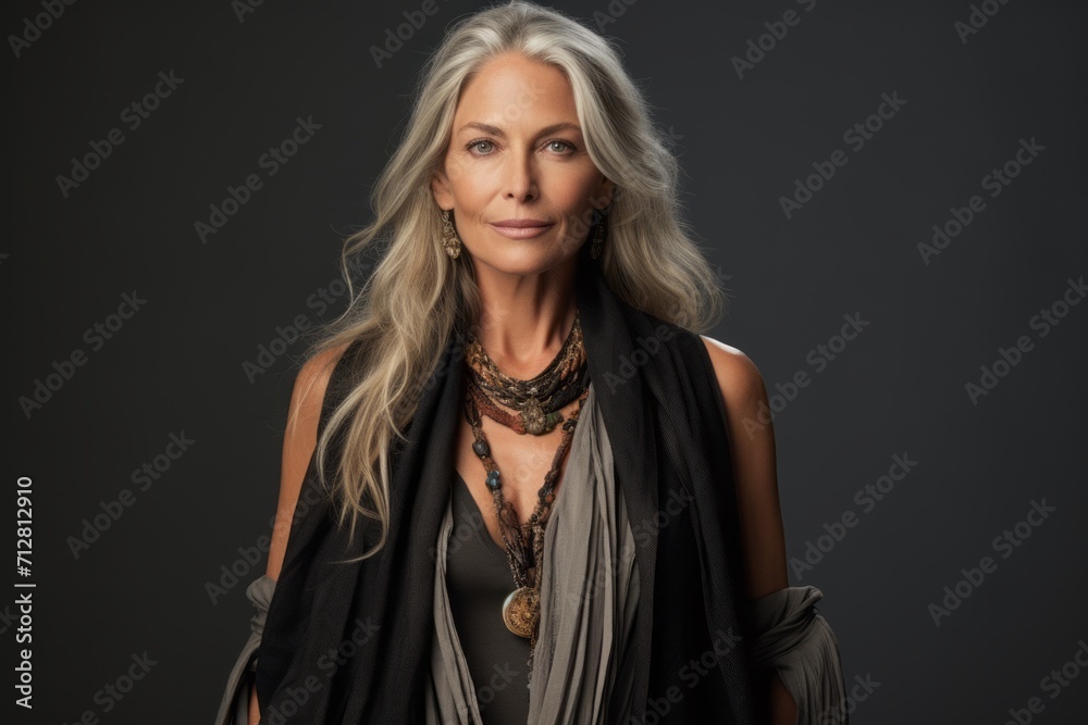 Portrait of a beautiful mature woman with long blond hair wearing a scarf.