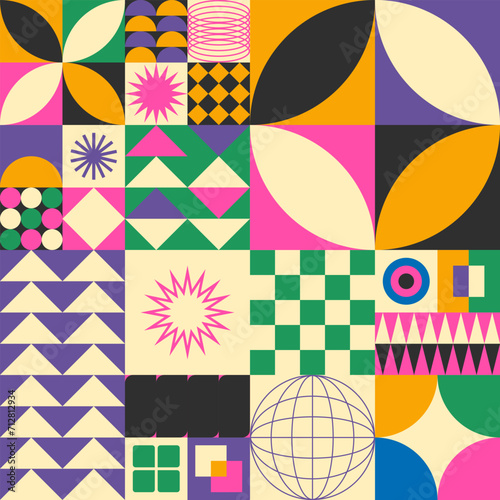 Abstract simple geometric seamless pattern with figure, form, shapes, circle and lines in Bauhaus style. Vibrant grunge geometry brutalism y2k 2000s print. Modern collage vector illustration