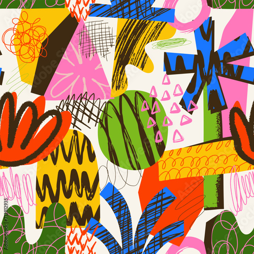 Aesthetics Abstract contemporary seamless pattern with hand drawn textured shapes, spots, scribble and lines. Vibrant grunge geometric brutalism y2k 2000s print. Modern collage vector illustration