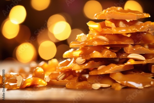 A composition shot showcasing a stack of vibrant peanut brittle pieces  alternating between deep amber and pale gold shades  providing a delightful color contrast.