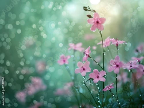 Ethereal Pink Wildflowers Adorned with Morning Dew against a Luminous Bokeh Backdrop © Stefan