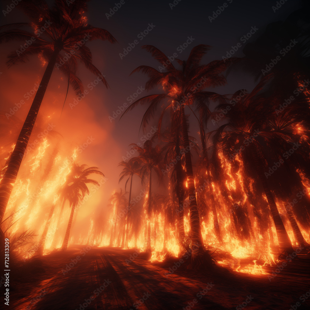 Obraz premium realistic close up of a bunch of burning palm trees, high details