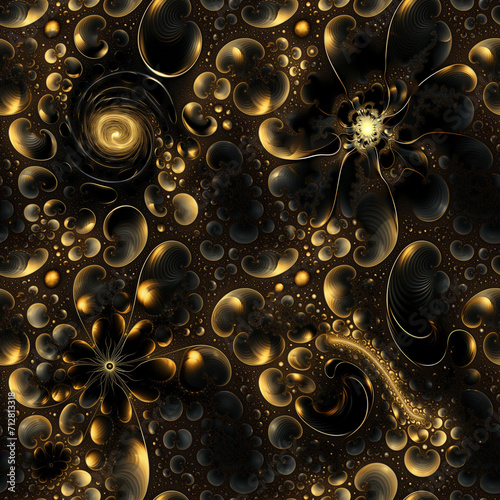 2d top view on a fractal organic shapes golden texture, black background, very detailed 