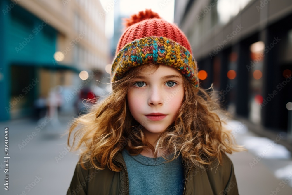 Portrait of a cute little girl in a knitted hat on the street.