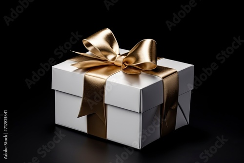 an elegant white present box with gift ribbon, in the style of black background, photobash, adafruit, bold images, transfer, classicist - generative ai photo