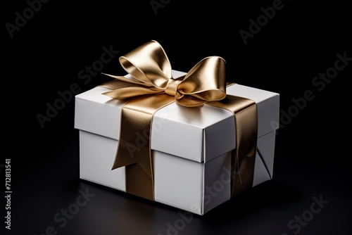 an elegant white present box with gift ribbon, in the style of black background, photobash, adafruit, bold images, transfer, classicist - generative ai