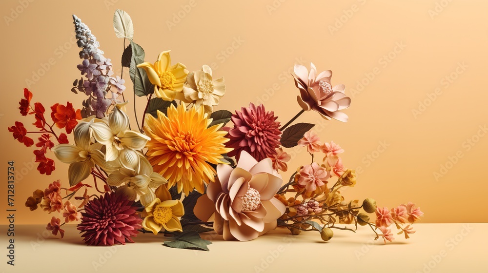 Obraz premium Colorful flower arrangements with shadow on a beige col 0ba, generative ai