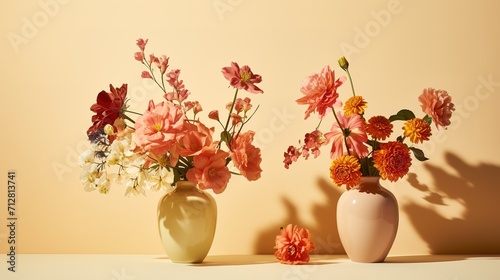 Colorful flower arrangements with shadow on a beige col 0ba, generative ai