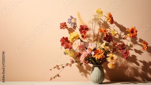 Colorful flower arrangements with shadow on a beige col 0ba, generative ai