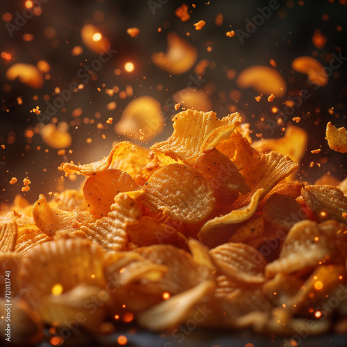 Potato chips falling in dramatic lighting