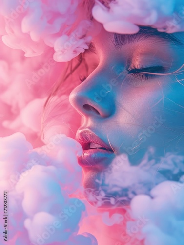 Surreal Portrait of a Woman in a Dreamlike State Surrounded by Ethereal Pink Clouds