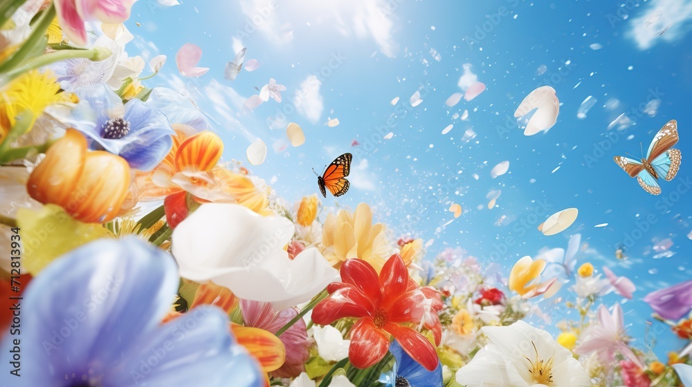 Colorful spring flowers explode in the blue sky. generative ai Colorful spring flowers explode in the blue sky. generative ai