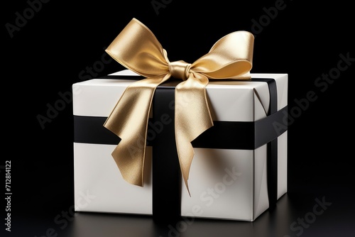 an elegant white present box with gift ribbon, in the style of black background, photobash, adafruit, bold images, transfer, classicist - generative ai