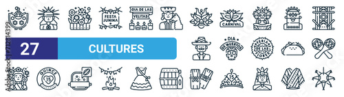 Canvastavla set of 27 outline web cultures icons such as mexican traditional dress, woman, flowers, carnival, dia de muertos, quinceanera, tamale, pi?ata vector thin line icons for web design, mobile app